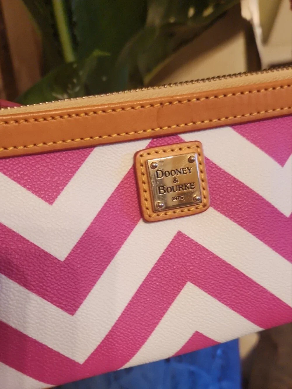 Dooney & Bourke Pink and White Chevron Wristlet with Tan Trim